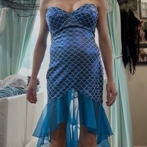 Elegant Blue Scale Pattern High Low Dress mermaid costume